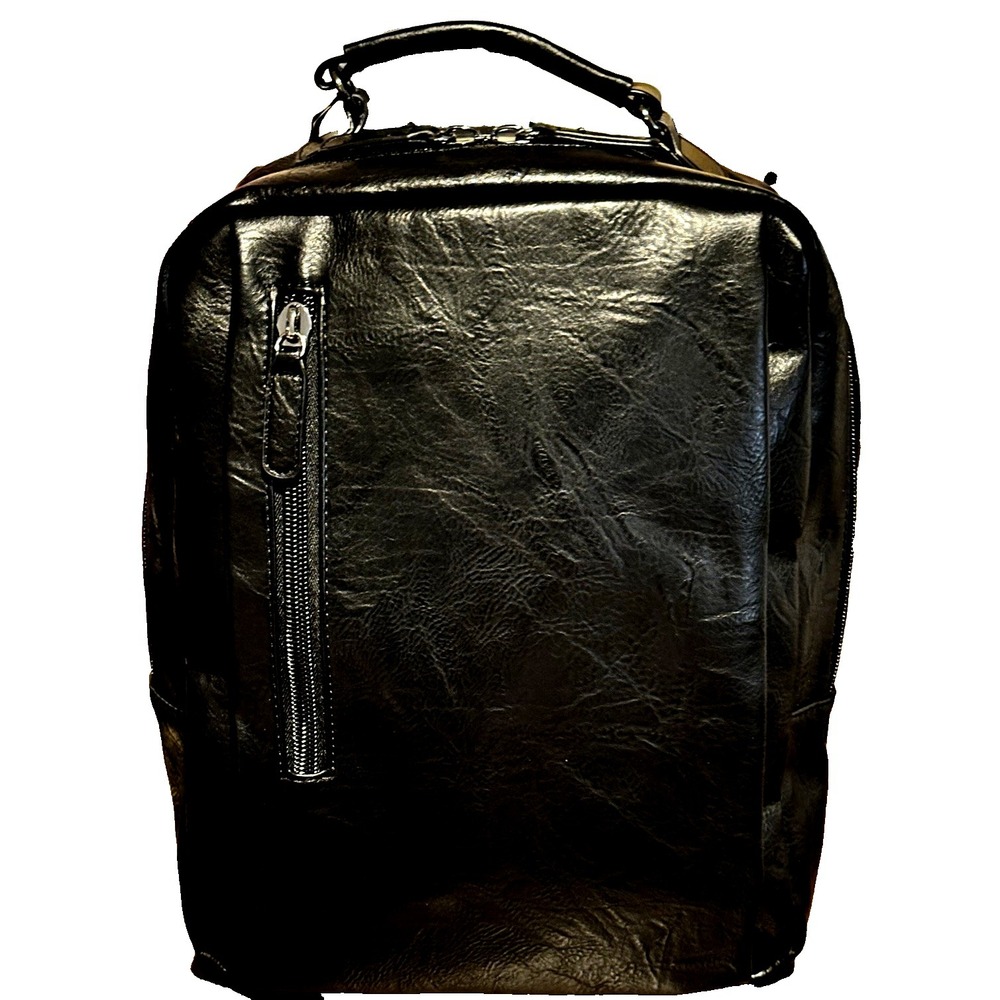 Black Faux Leather Backpack XL Multi Pocket Travel School Laptop Bag New